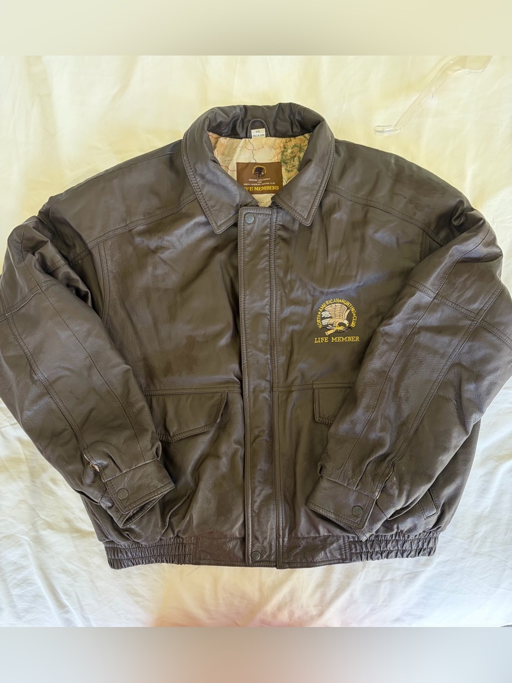 Vintage North American hunting club “life member” leather bomber jacket, XXL